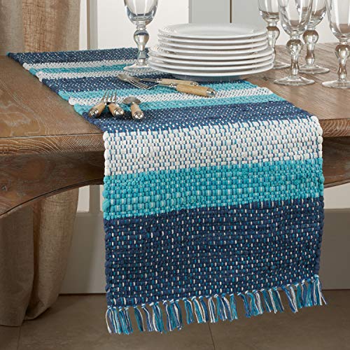 Fennco Styles Coastal Style Tasseled Striped Chindi 100% Cotton Table Runner 16 x 72 Inch – Blue Table Cover for Home Décor, Beach House, Dining Table, Banquets and Special Events