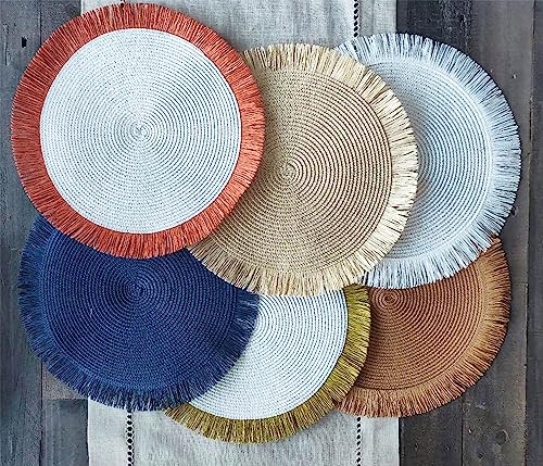 Fennco Styles Handwoven Fringe Boho Placemats 15" Round - Natural Braided Texture Table Mats for Home, Dining Room, Banquets, Family Gathering and Special Occasion