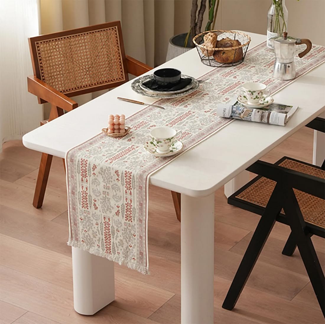 Fennco Styles Coral Floral Print Tassel Cotton Blend Woven Table Runner 14" W x 71" L