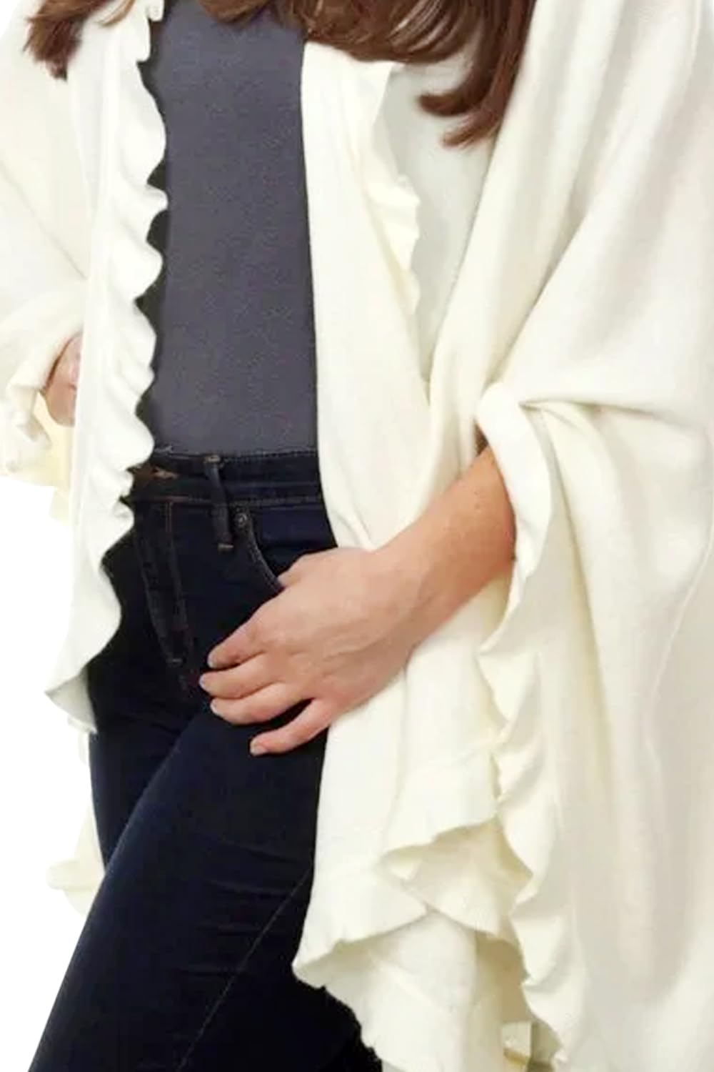 Fennco Styles Women's Ruffle Trim Knit Open Front Poncho Cape Shawl - Fall Wrap Jacket, Cozy and Stylish Layering Piece