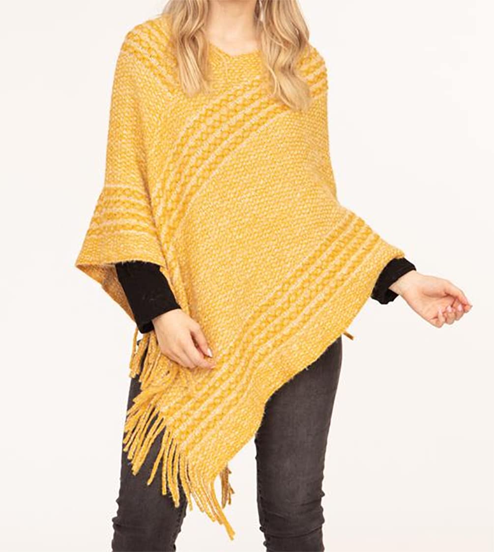 stylesilove Autumn Winter Women Stripe Knitted V-Neck Fringe Poncho Pullover Sweater Lightweight Cape Cozy Wrap Tassel Shawl