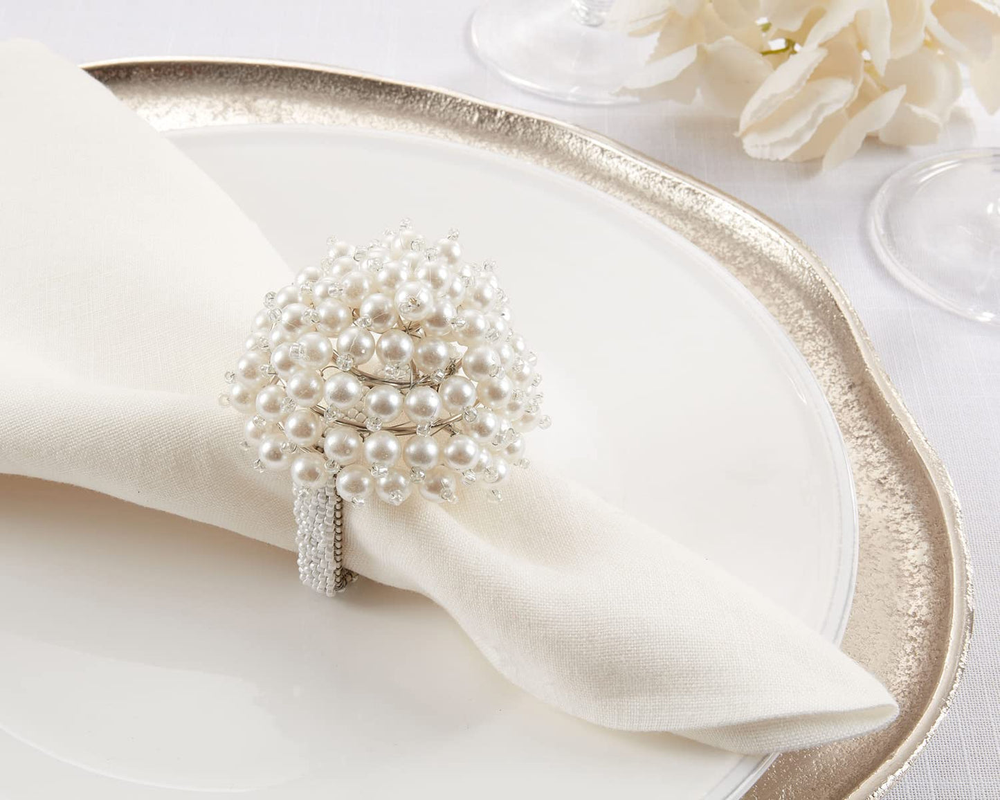 Fennco Styles Hand Beaded Faux Pearl Napkin Rings, Set of 4 - Elegant Pearl Collection Napkin Holders for Home Décor, Dining Room, Wedding, Banquets and Special Occasions