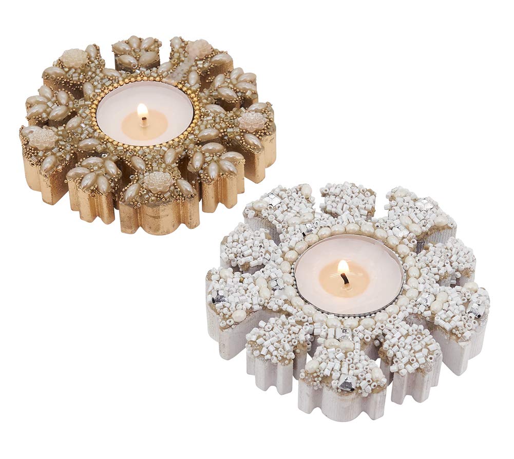 Fennco Styles Beaded Wooden Snowflake 4" W Candle Holder – Glass Beads Tealight Holder for Thanksgiving, Christmas Dinner, Family Gathering, Special Event & Home Decor