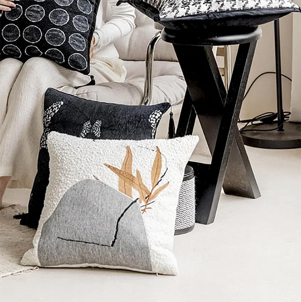 Fennco Styles Art Style Stone Leaf Design Jacquard Throw Pillow Cover 18" W X 18" L – White Woven Square Cushion Case for Couch, Sofa, Bedroom, Office and Living Room Décor