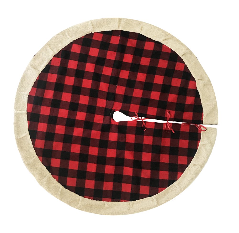 Fennco Styles Buffalo Plaid with Sherpa Border Tree Skirt 56" Round - Red Tree Skirt for Home, Christmas Tree, Holiday Decoration and Special Events