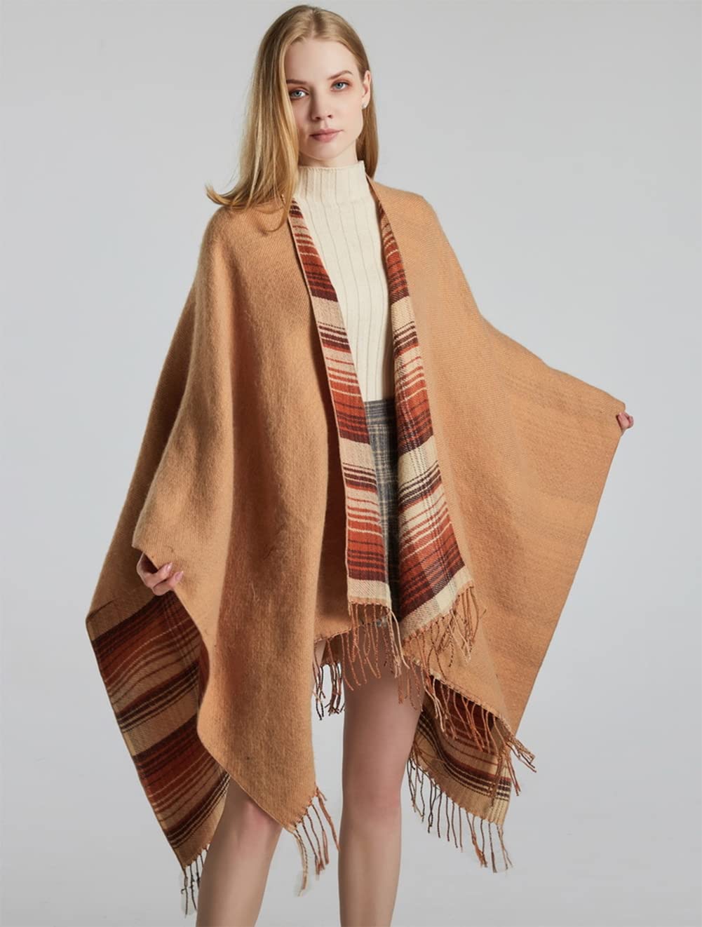 stylesilove Women Reversible Plaid Fringe Knitted Open Front Poncho Cape Oversized Cardigan Fall Winter Wrap Shawl