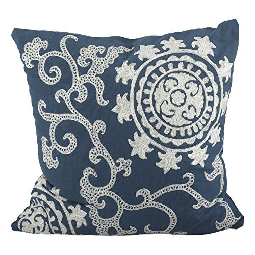 Fennco Styles Embroidered Medallion Cotton Down Filled Decorative Throw Pillow 18" W x 18" L - Cobalt Blue Cushion for Couch, Living Room, Bedroom, Office and Everyday Decor Use