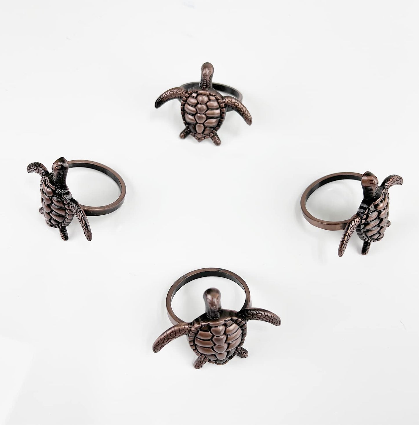 Fennco Styles Nature's Touch Sea Turtle Metal Napkin Rings, Set of 4 – Bronze Sea Creatures Napkin Holders for Family Dinner, Themed Party, Table Décor, Banquets, Holidays and Special Occasion