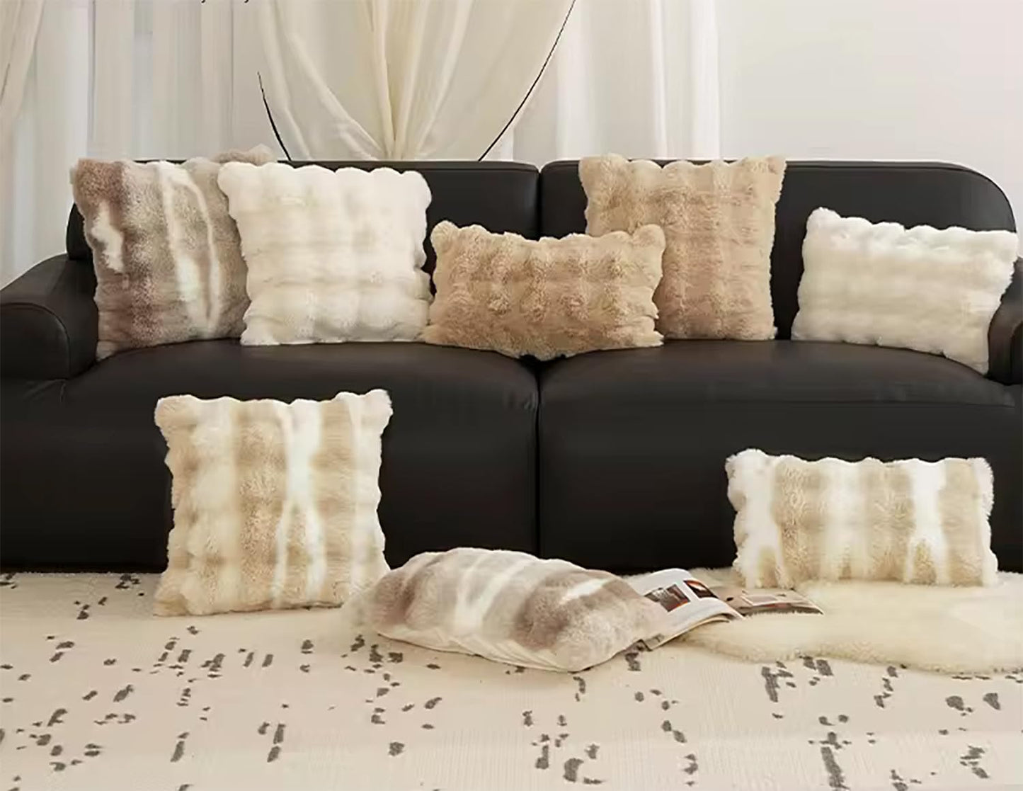 Fennco Styles Luxury Faux Fur Decorative Filled Throw Pillow 18" W x 18" L – Ivory Plush Fluffy Cushion for Couch, Bedroom, Living Room and Office Décor
