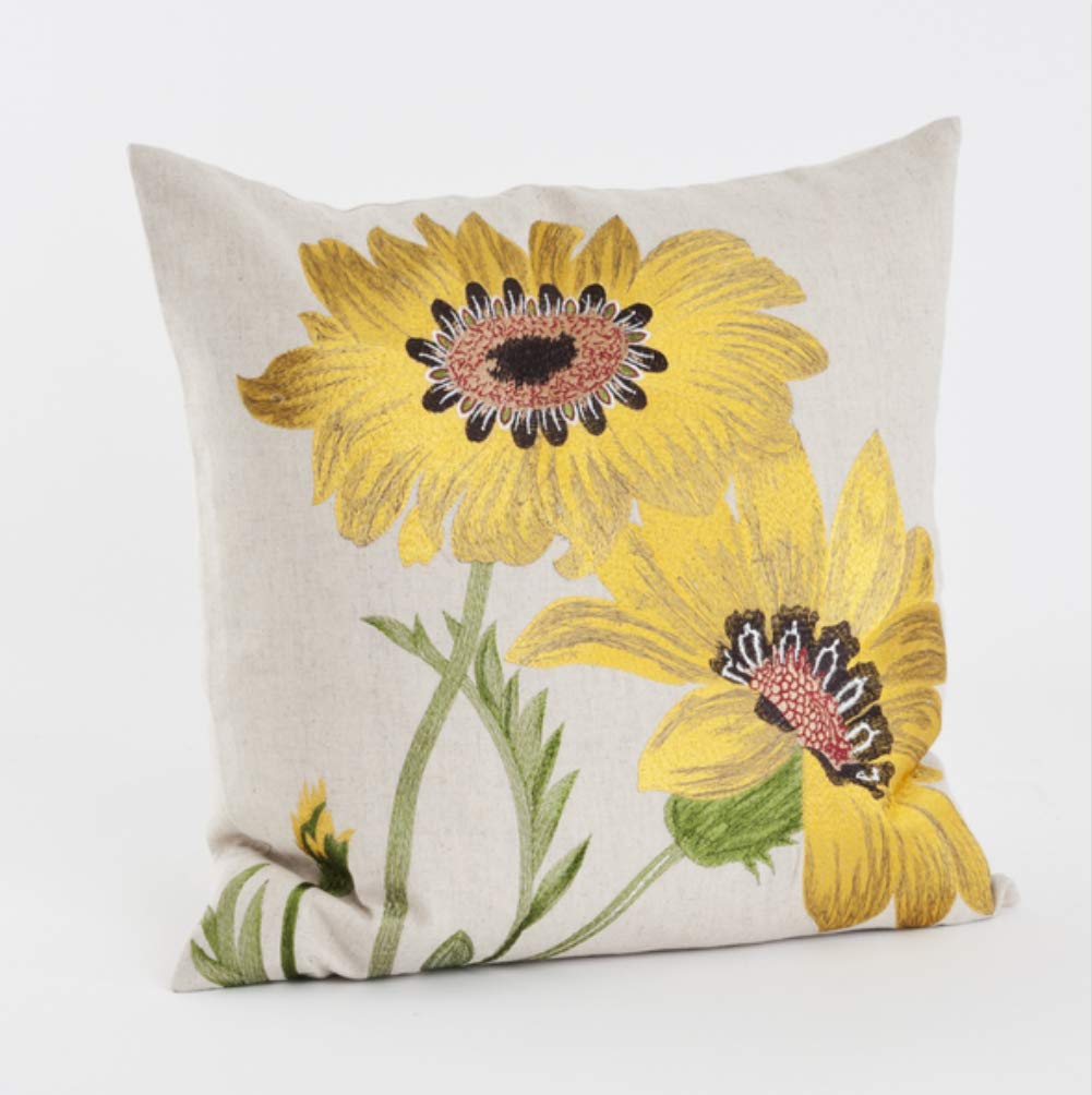 Fennco Styles Le Tournesol Embroidered Sunflower Decorative Throw Pillow, Filler Included, 18-Inch Square - Red Flower Cotton Linen Pillow for Home, Couch, Living Room and Bedroom Décor