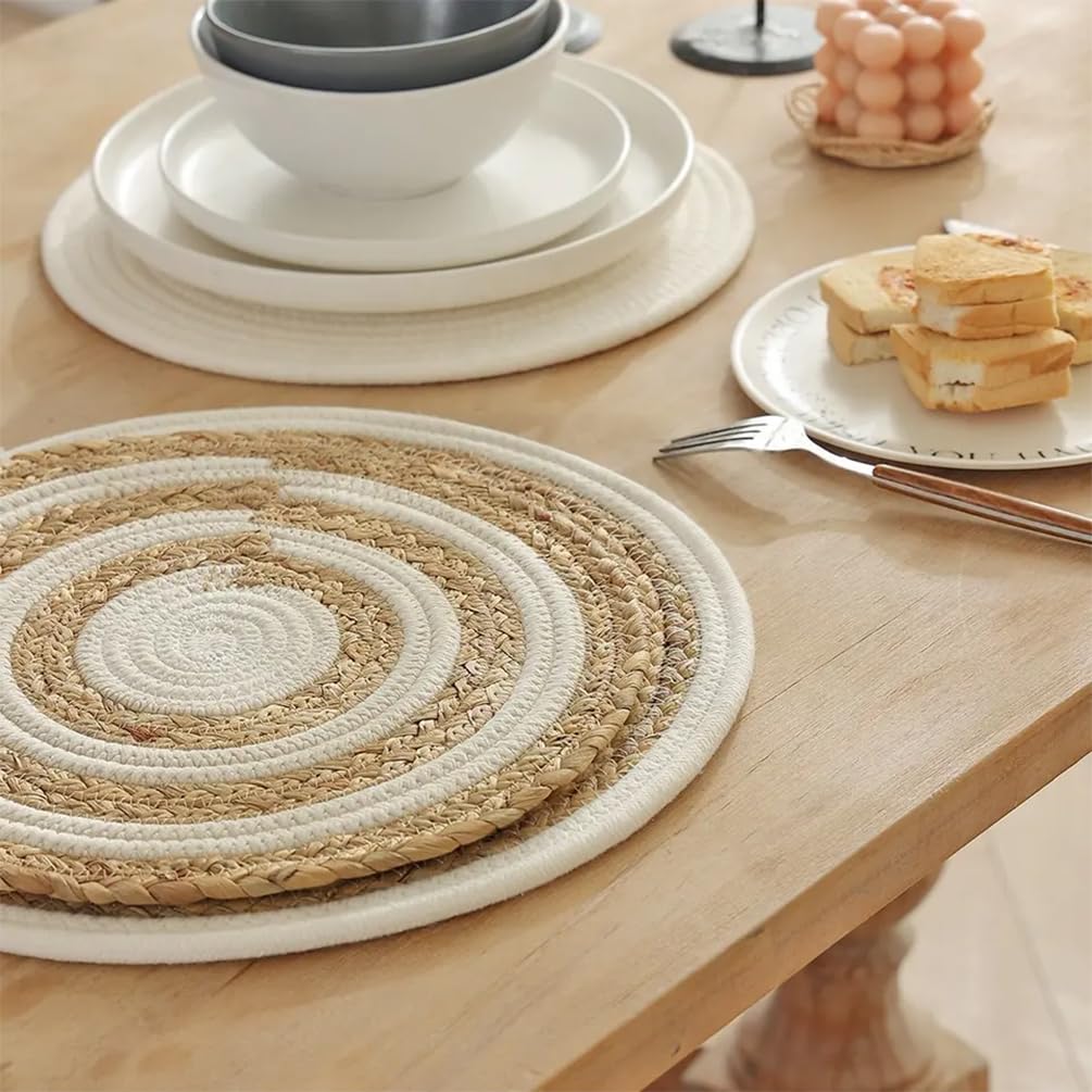 Fennco Styles Braided Design Solid Everyday Placemats 12" Round, Set of 4 - Textured Heat Resistant Insulation Table Mats for Home, Kitchen Décor, Dining Table, Banquets, Holidays