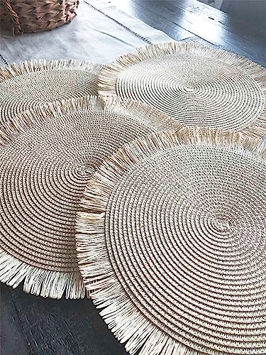 Fennco Styles Handwoven Fringe Boho Placemats 15" Round - Natural Braided Texture Table Mats for Home, Dining Room, Banquets, Family Gathering and Special Occasion