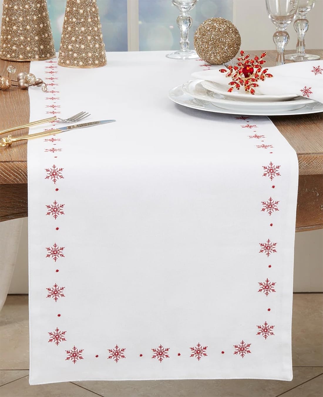 Fennco Styles White Embroidered Snowflake Christmas Table Runner 16" W x 72" L - Red Cotton Table Cover for Winter Holidays, Home Décor and Family Gatherings