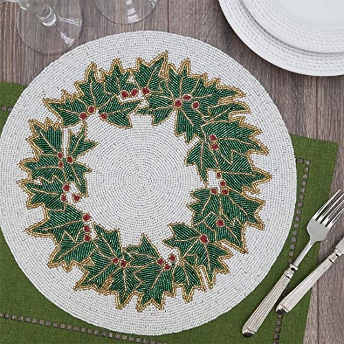 Fennco Style Hand Beaded Holly Holiday Placemat 15" Round, 1-Piece - Green & White Table Mat for Banquets, Christmas, Special Events and Home Décor