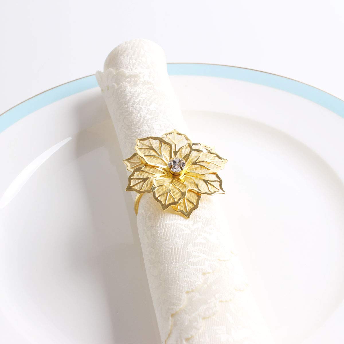 Fennco Styles Rhinestone Crystal Flower Napkin Rings Wedding Holiday Table Decoration - Set of 4