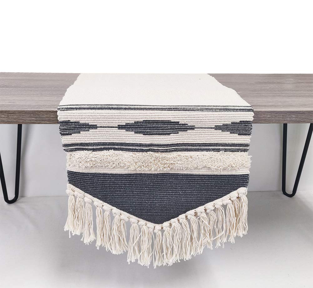 Fennco Styles Geometric Design Canvas Cotton Table Runner with Tassels – 14”W x 71”L Table Cover for Home Décor, Dining Table, Banquets, Holidays and Special Occasions
