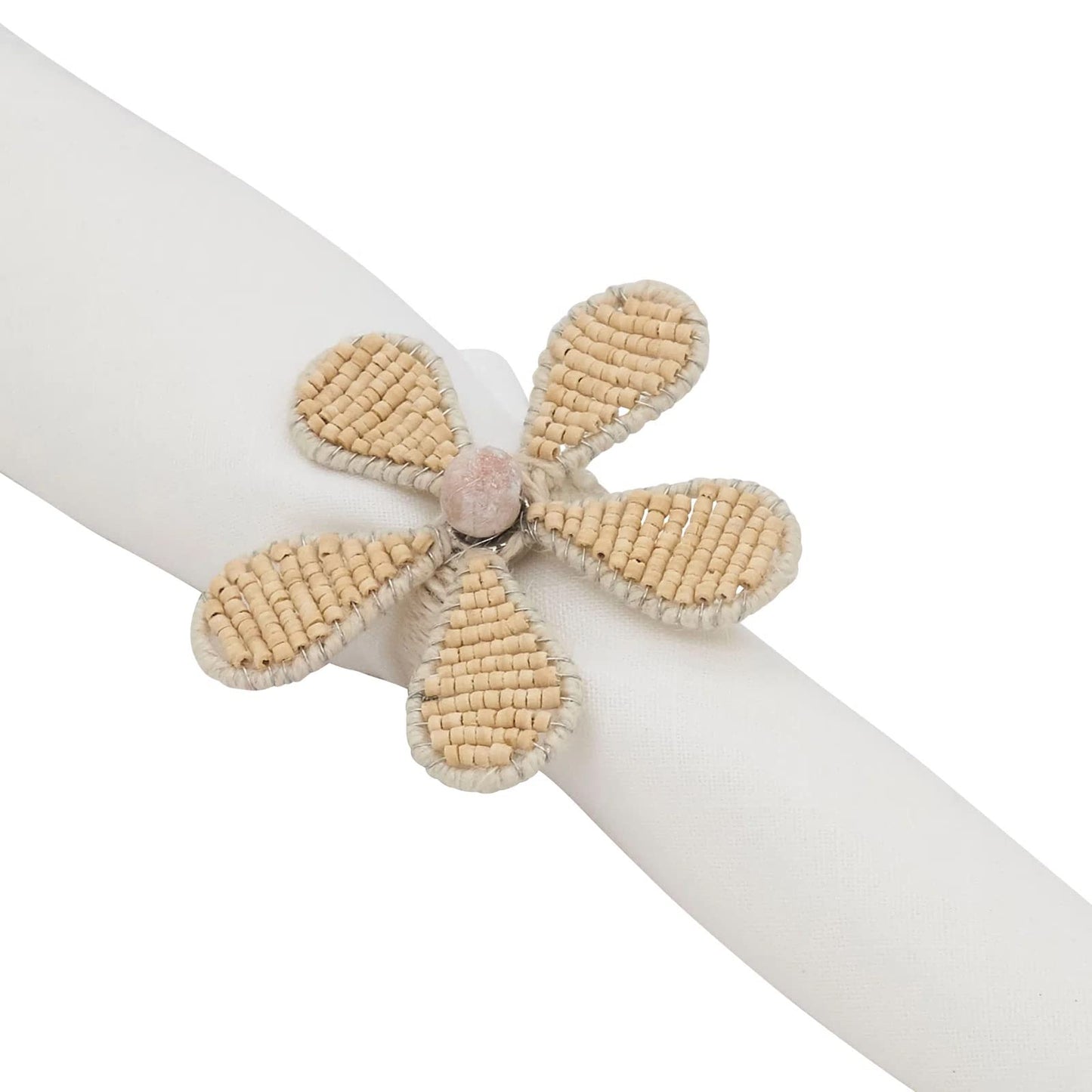 Fennco Styles Hand Beaded Flower Decorative Napkin Rings, Set of 4 - Natural Wooden Beads Napkin Holders for Home, Dining Room, Banquet, Family Gathering, Holiday Décor and Special Occasion