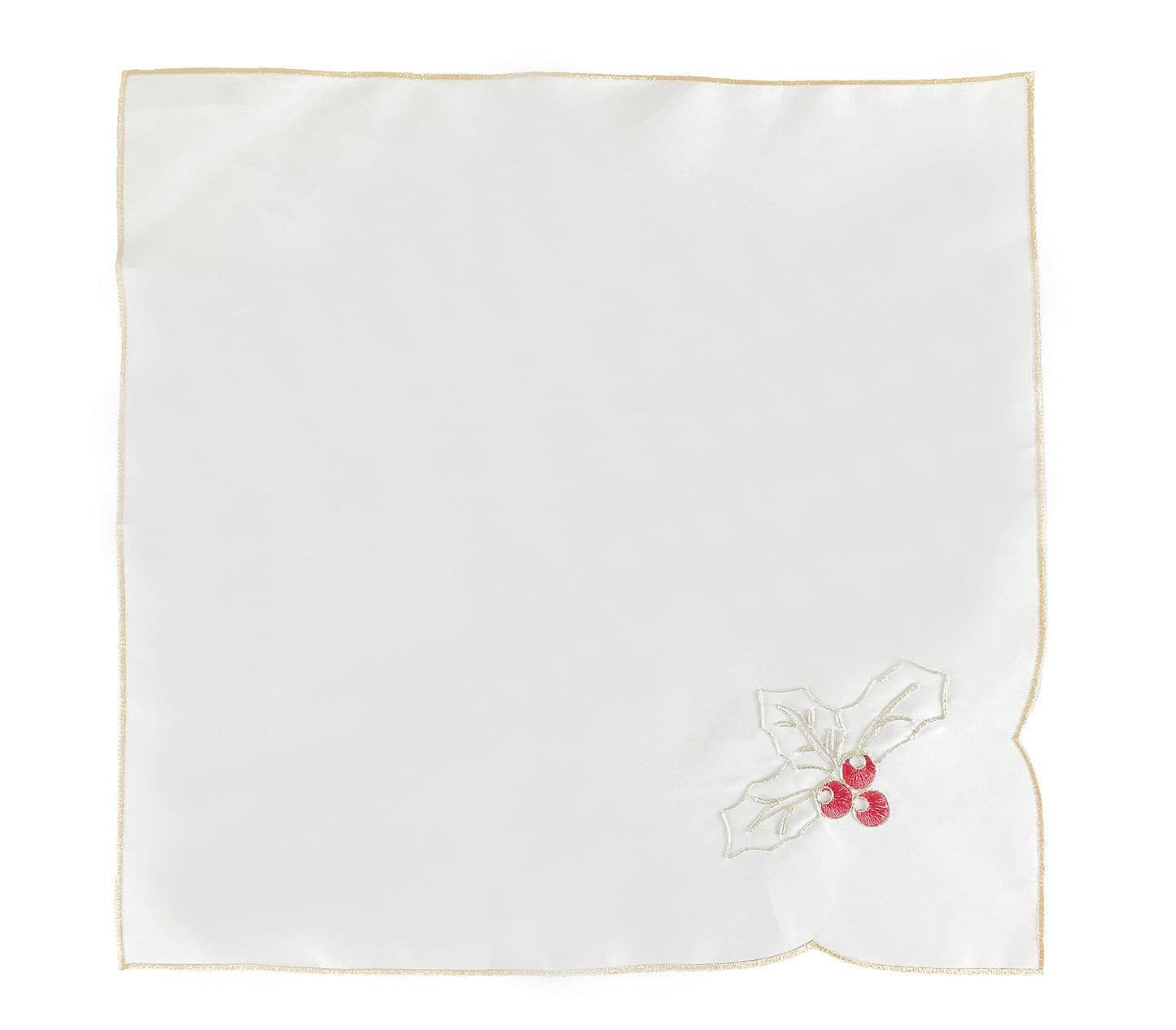 Fennco Styles Christmas Embroidered Holly Cloth Napkins 20" W x 20" L, Set of 4