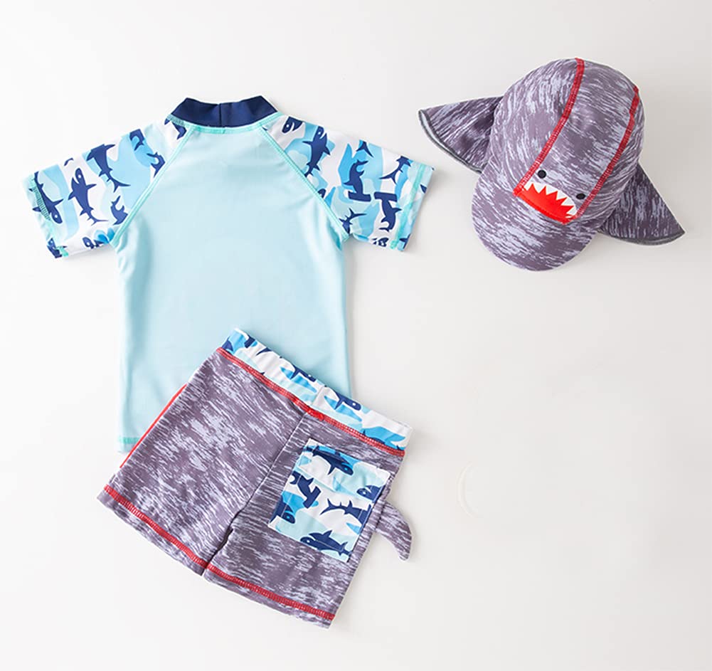 Styles I Love Kid Boys Shark Printed Short Sleeve Rash Guard Set and Sun Hat 3pcs Multicolored Swimsuit Beach Bathing Suit