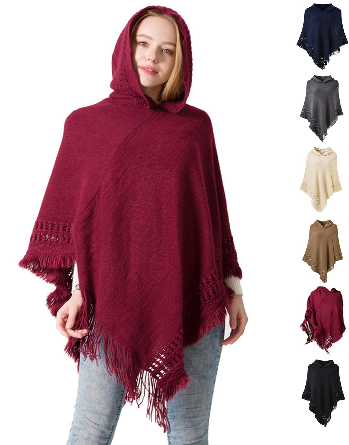 stylesilove Women Solid Knitted Hooded Poncho Crochet Pattern with Fringe Pullover Cardigan Soft Wrap for Fall Winter Seasons