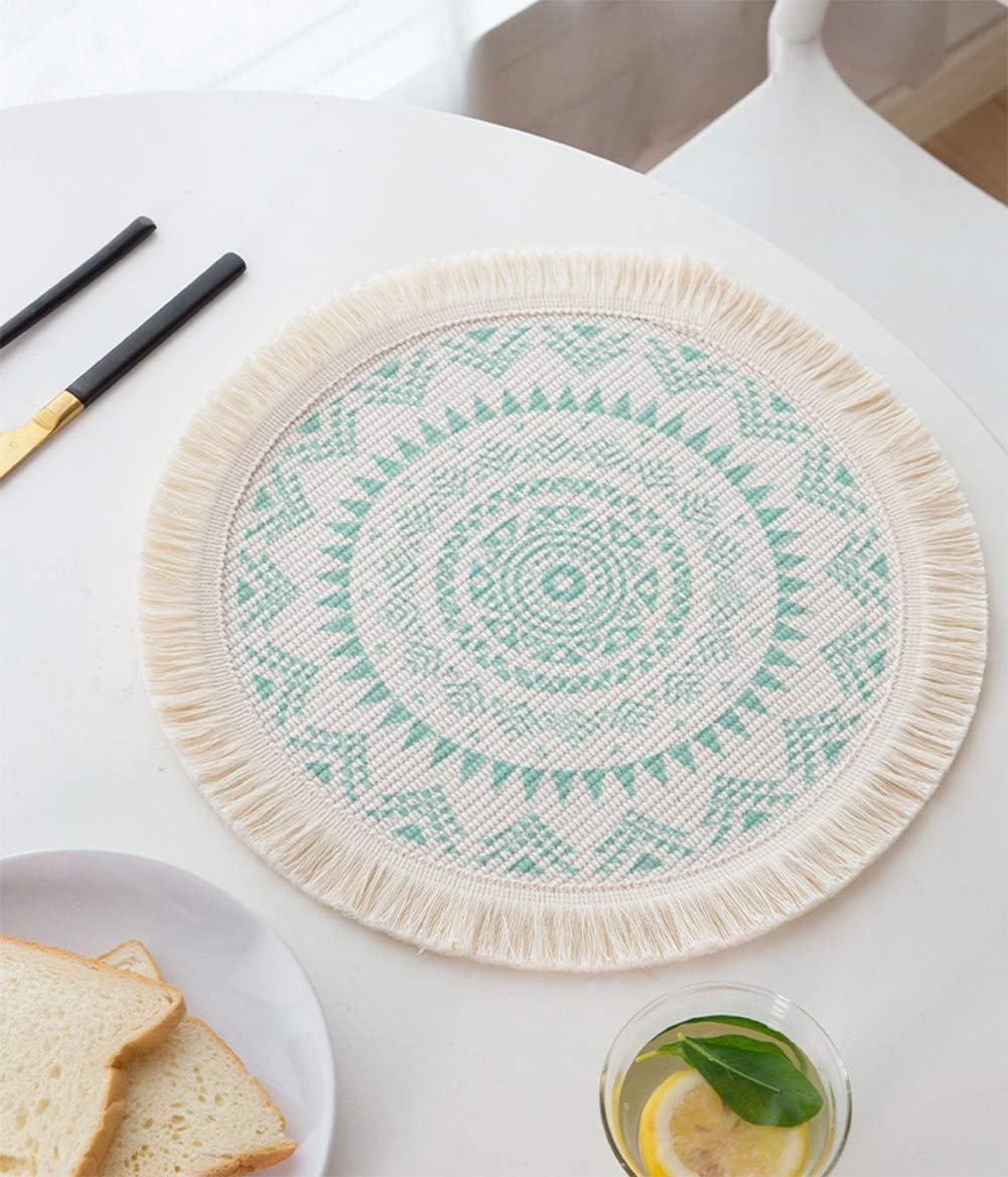Fennco Styles Boho Mandala Fringe Decorative Cotton Placemats 13-inch Round, Set of 4 - Grey Heat Resistant Insulation Table Mats for Home Decor, Dining Table, Banquets and Special Events