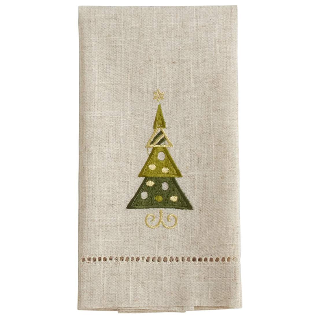 Fennco Styles Embroidered and Hemstitched Design Christmas Tree Linen-Poly Guest Towels 14 x 22 Inch, Set of 4 – Natural Modern Hand Towels for Christmas, Bathroom Decor, Bar Accessories, Wedding Gift