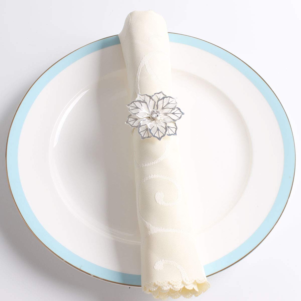 Fennco Styles Rhinestone Crystal Flower Napkin Rings Wedding Holiday Table Decoration - Set of 4