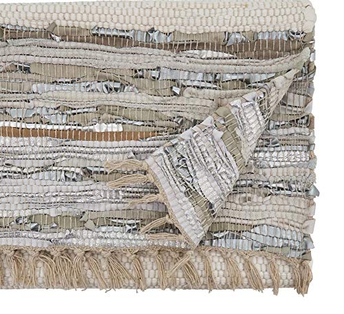 Fennco Styles Silver Striped Leather Chindi Cotton Table Linen Collection with Fringe – Natural Table Cover for Home Décor, Dining Table, Banquets, Holidays and Special Occasions