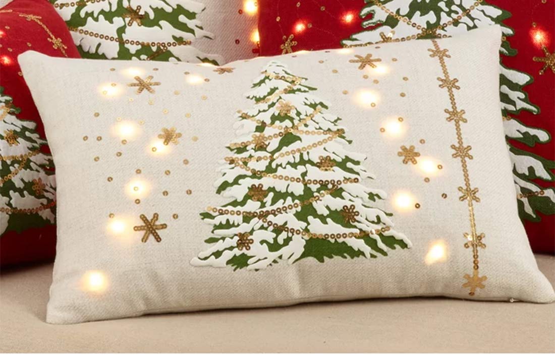 Fennco Styles Christmas Tree Design with LED Light Decorative Throw Pillow Cover 13 x 20 Inch - White Pillow Case for Holiday Décor, Couch, Living Room and Bedroom Décor