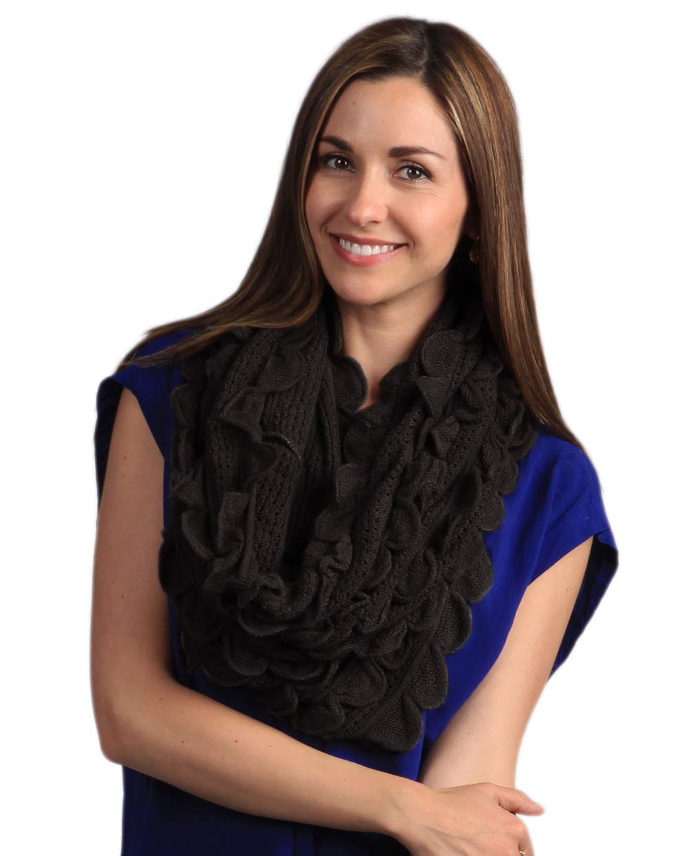 stylesilove Chic Oversized Ruffle Knitted Infinity Scarf Lightweight Cozy Neck Warmer for Women and Girls