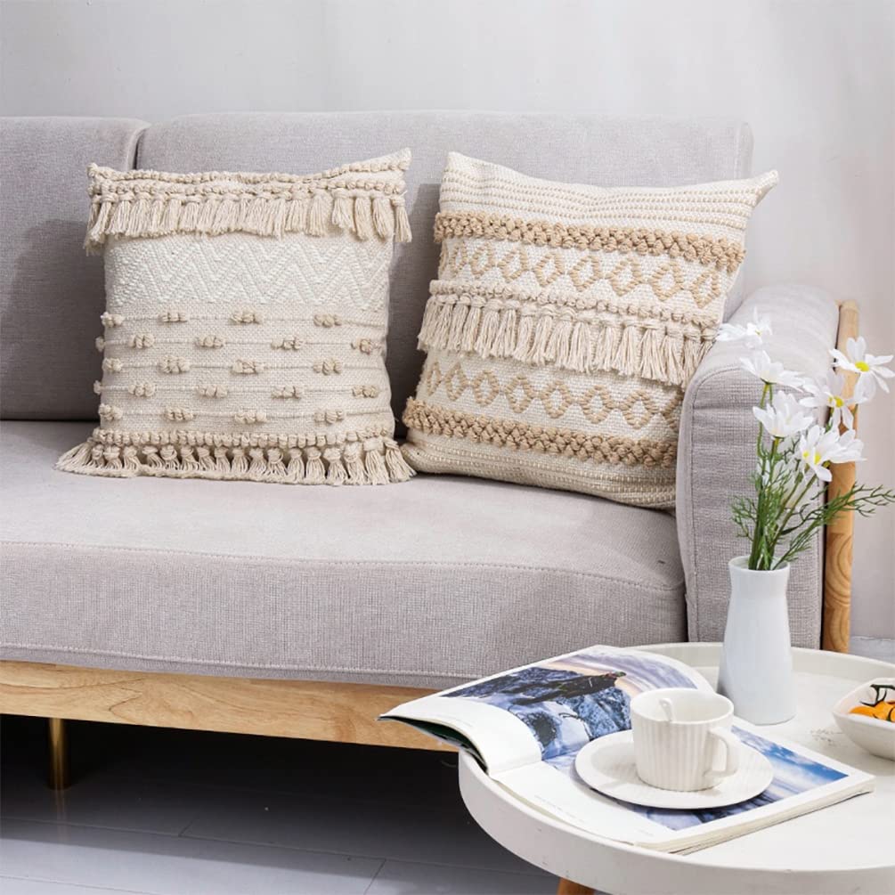 Fennco Styles Handwoven Diamond Tassel Decorative Throw Pillow Cover 18" W x 18" L - Natural Textured Boho Cushion Case for Home, Couch, Living Room, Bedroom and Office Décor