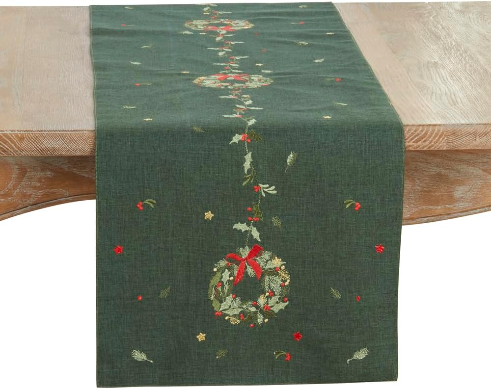 Fennco Styles Embroidered Wreath Christmas Table Runner 16" X 70" - White Festive Table Cover for Winter Holidays Décor, Dining Table, Banquet, Family Gathering, and Special Occasions
