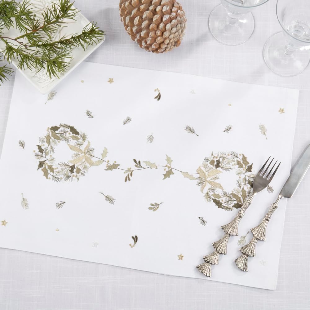 Fennco Styles Embroidered Wreath Christmas Placemats 14" X 20", Set of 4 - Green Festive Table Mats for Winter Holidays Décor, Banquet, Family Gathering, and Special Occasions