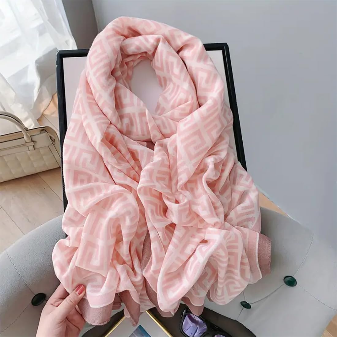 stylesilove Women Geometric Maze Print Scarf with Border Design Soft Shawl Scarves Neck Wraps for All Season, 3 Colors