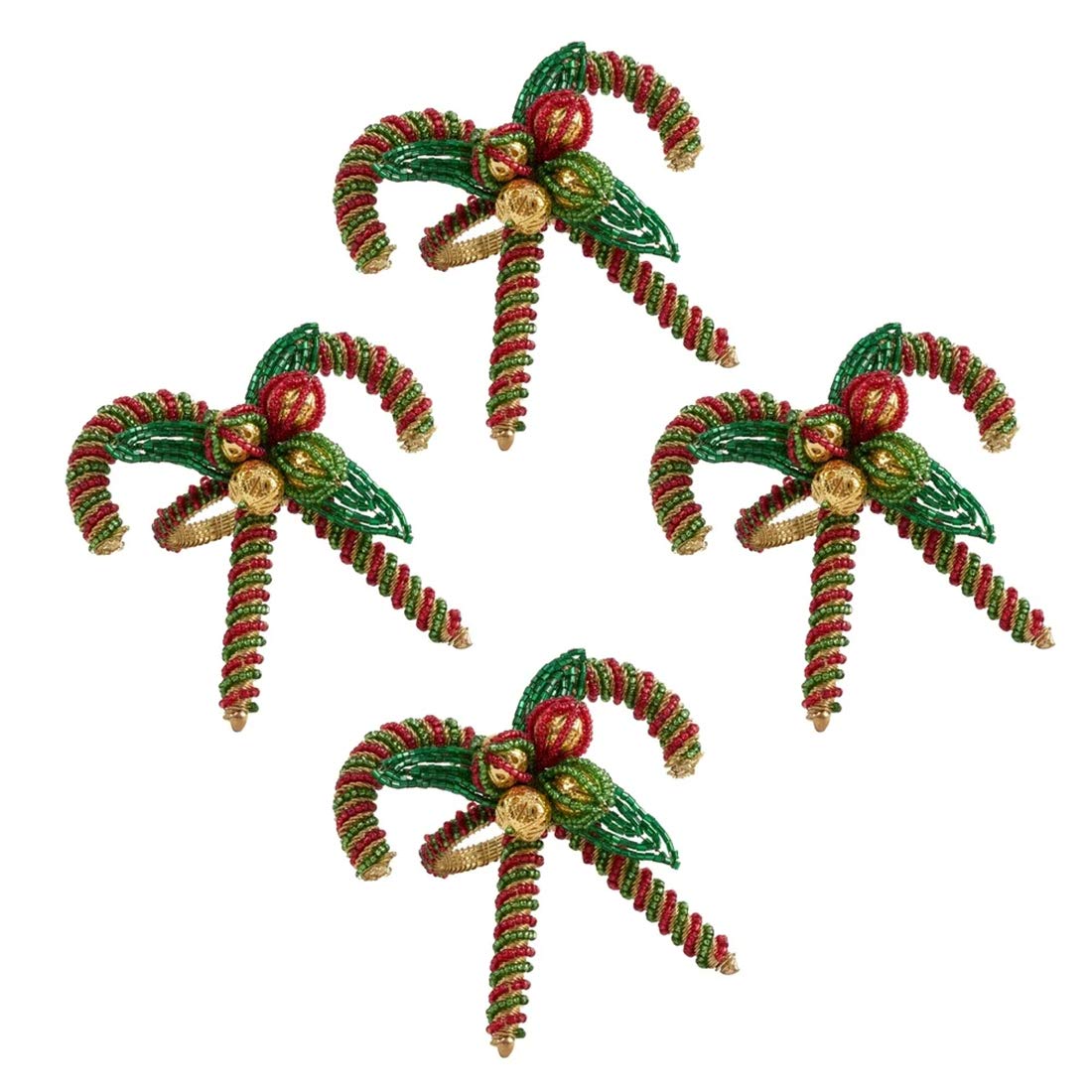 Fennco Styles Hand Beaded Candy Cane Christmas Napkin Rings, Set of 4 - Red & Green Glass Beads Napkin Holders for Home, Dining Room, Banquet, Family Gathering, Holiday Décor and Special Occasion