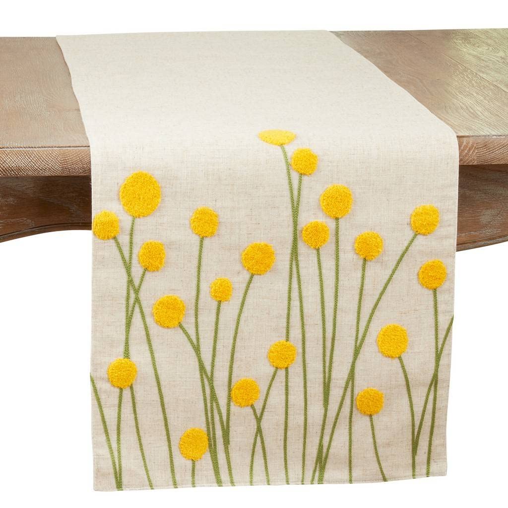 Fennco Styles Embroidered Yellow Flowers Linen Blend Table Runner 16" W x 70" L - Summer Floral Table Cover for Home Décor, Dining Table, Banquet, Everyday Use, Family Gatherings