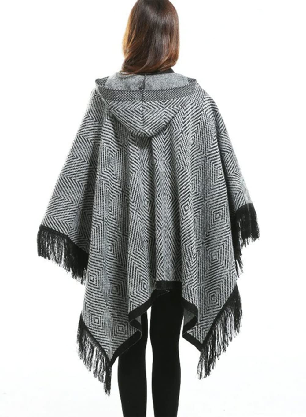 stylesilove Women Diamond Knit Open Front Hooded Poncho Fringe Black Geometric Cape Oversized Cardigan Fall Winter Wrap Shawl