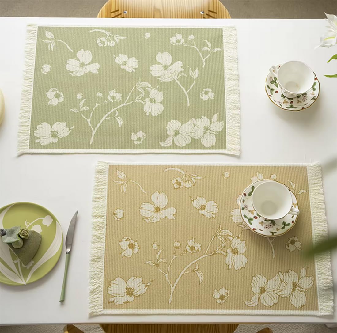 Fennco Styles Floral Printed with Fringe Placemats 14" W x 19" L, Set of 4 - Yellow Flower Table Mats for Dining Room, Banquets, Family Gatherings, and Holidays