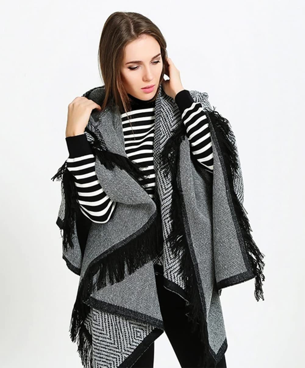 stylesilove Women Diamond Knit Open Front Hooded Poncho Fringe Black Geometric Cape Oversized Cardigan Fall Winter Wrap Shawl