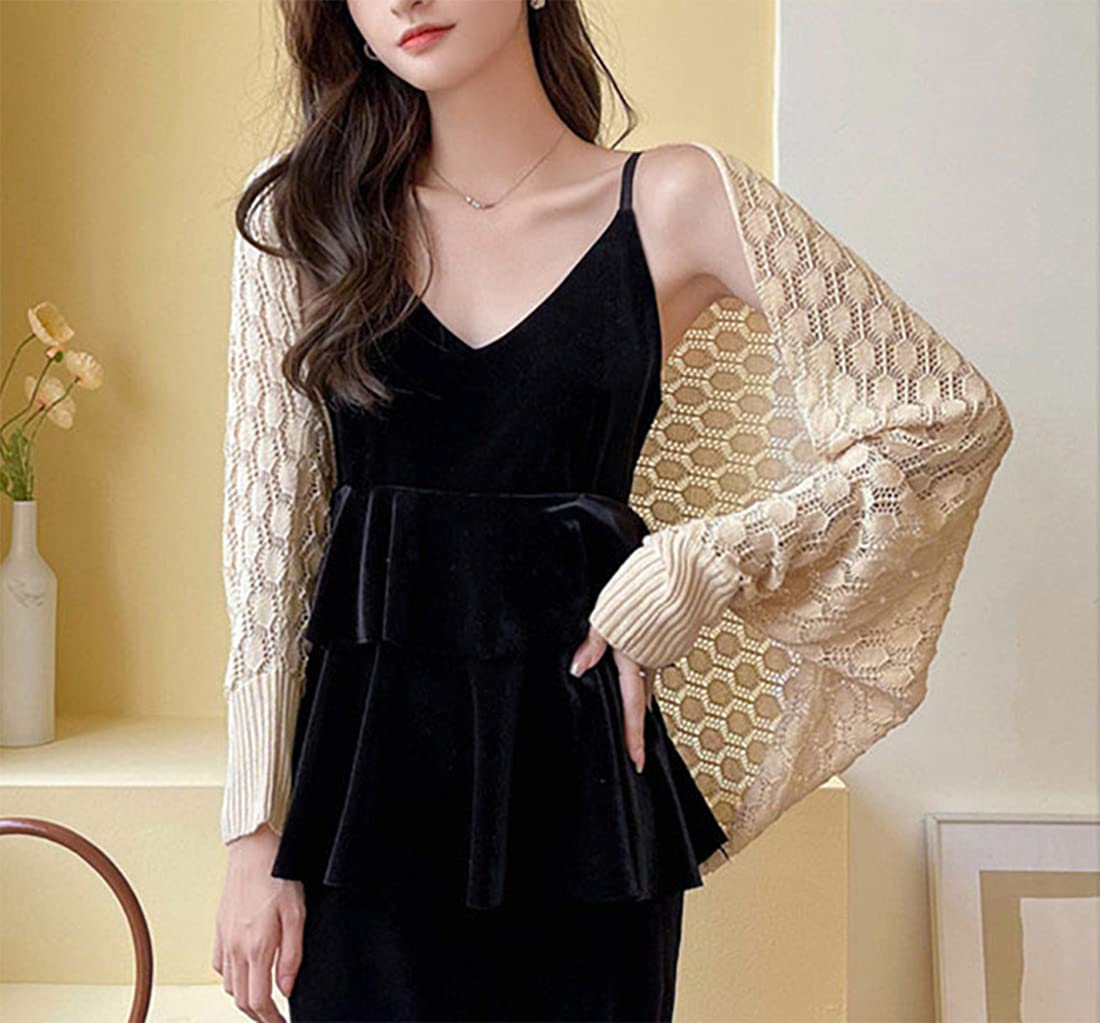 stylesilove Women Lightweight Crochet Hollow Bolero Shrug Long Sleeve Cardigan Soft Sweater Open Front Cape Shawl
