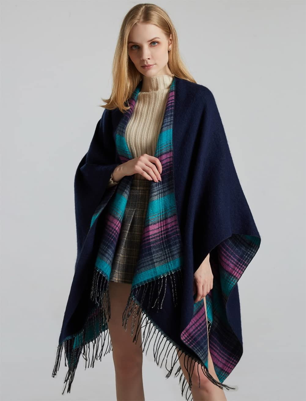 stylesilove Women Reversible Plaid Fringe Knitted Open Front Poncho Cape Oversized Cardigan Fall Winter Wrap Shawl