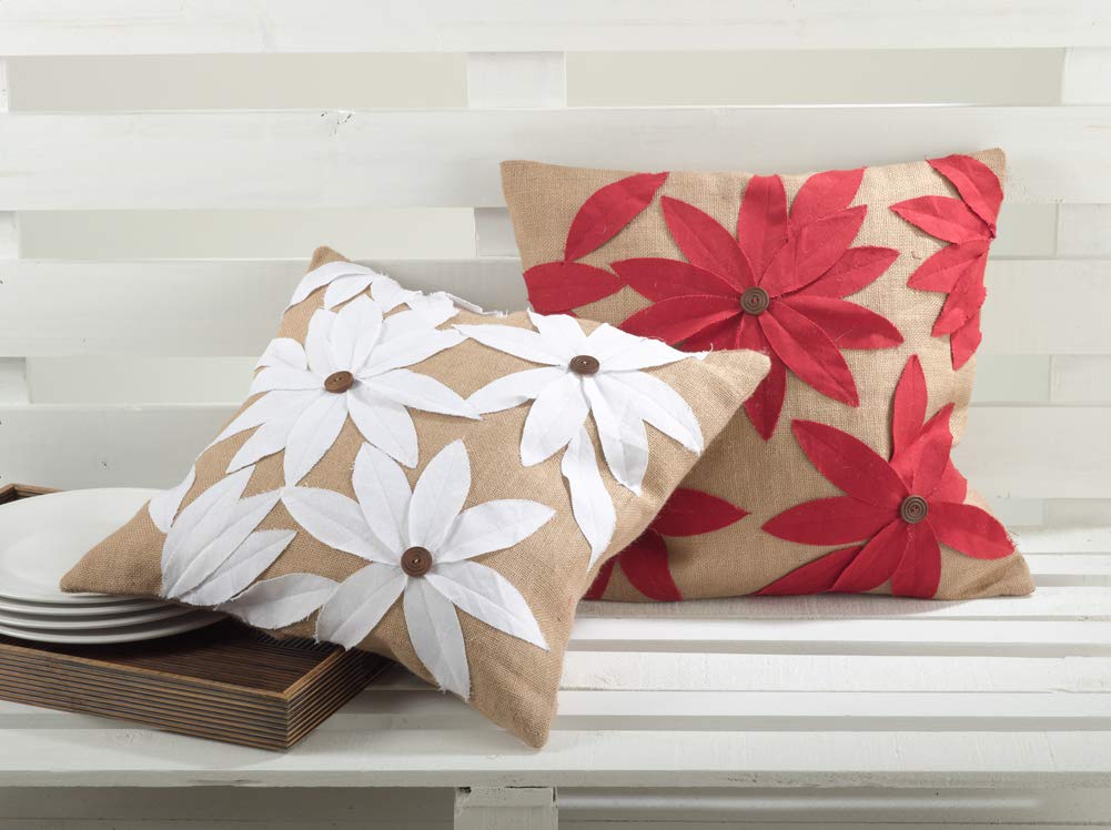 Fennco Styles Poinsettia Holiday Flower Design Cotton Jute Throw Pillow 18"W x 18"L - Natural Cushion for Couch, Living Room, Christmas and Office Decor
