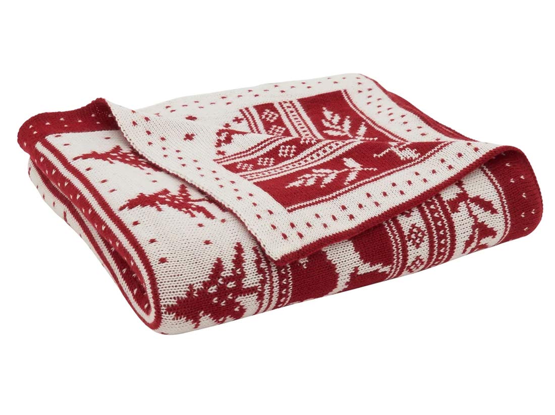 Fennco Styles Reversible Christmas Design Knitted Throw Blanket 50" W x 60" L – Red Blanket for Bed, Couch, Sofa, Home Décor, Ideas