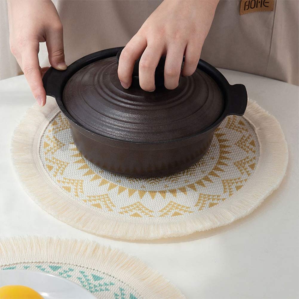 Fennco Styles Boho Mandala Fringe Decorative Cotton Placemats 13-inch Round, Set of 4 - Grey Heat Resistant Insulation Table Mats for Home Decor, Dining Table, Banquets and Special Events