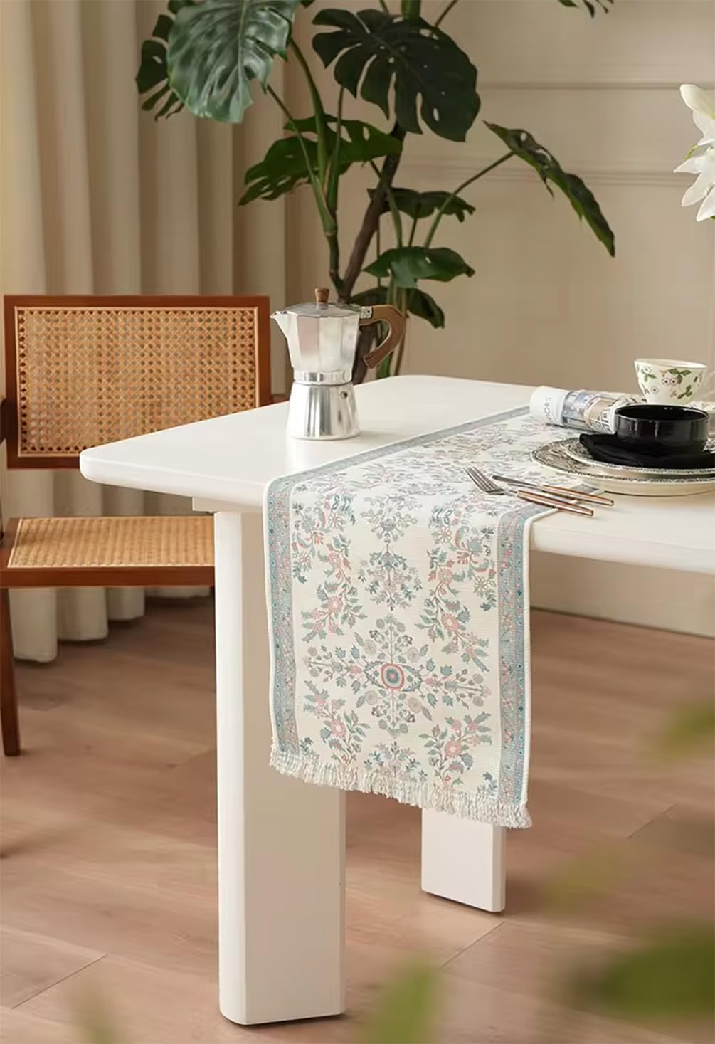 Fennco Styles Coral Floral Print Tassel Cotton Blend Woven Table Runner 14" W x 71" L