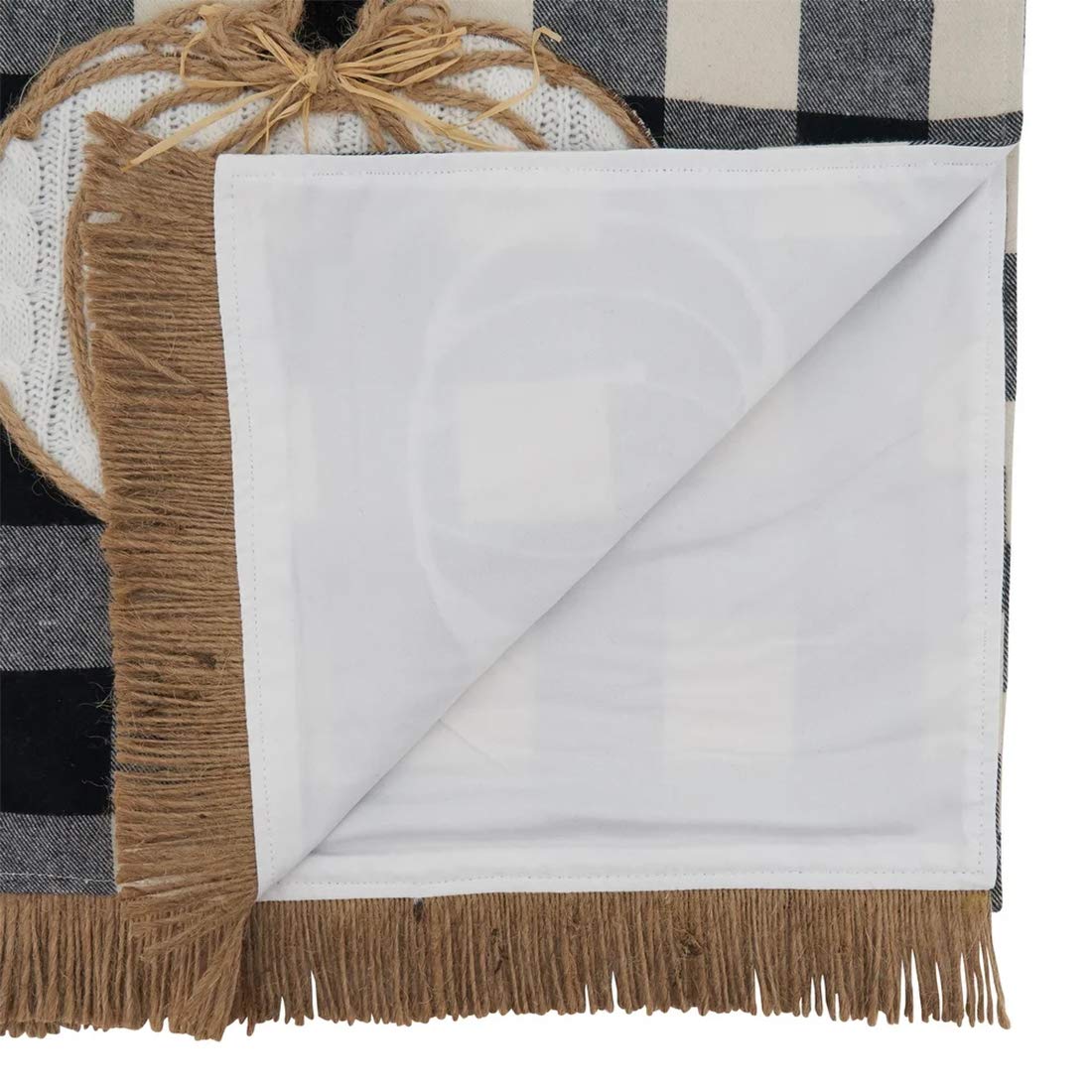 Fennco Styles Buffalo Plaid Harvest Pumpkin Fringe Table Runner 14" W X 72" L - Black & White Traditional Table Cover for Home, Banquets, Thanksgiving, Christmas, Family Gathering and Special Events