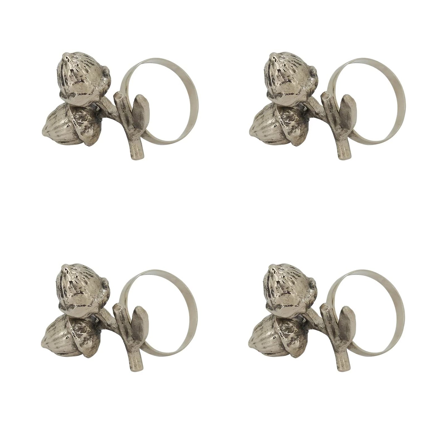 Fennco Styles Harvest Acorn Brass Napkin Rings, Set of 4 - Silver Metal Napkin Holders for Holiday, Home Décor, Dining Room, Banquets, Family Gatherings and Special Occasions