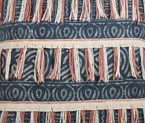 Fennco Styles Bohemian Block Print Embroidered Fringe Design Decorative Throw Pillow Cover 28 x 28 Inch - Blue Cotton Pillow Case for Home, Couch, Bedroom Décor and Special Occasion