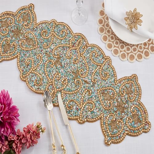 Fennco Style Hand Beaded Elegant Design Table Runner 13" W X 36" L - Gold Table Cover for Banquets, Christmas, Special Events and Home Décor
