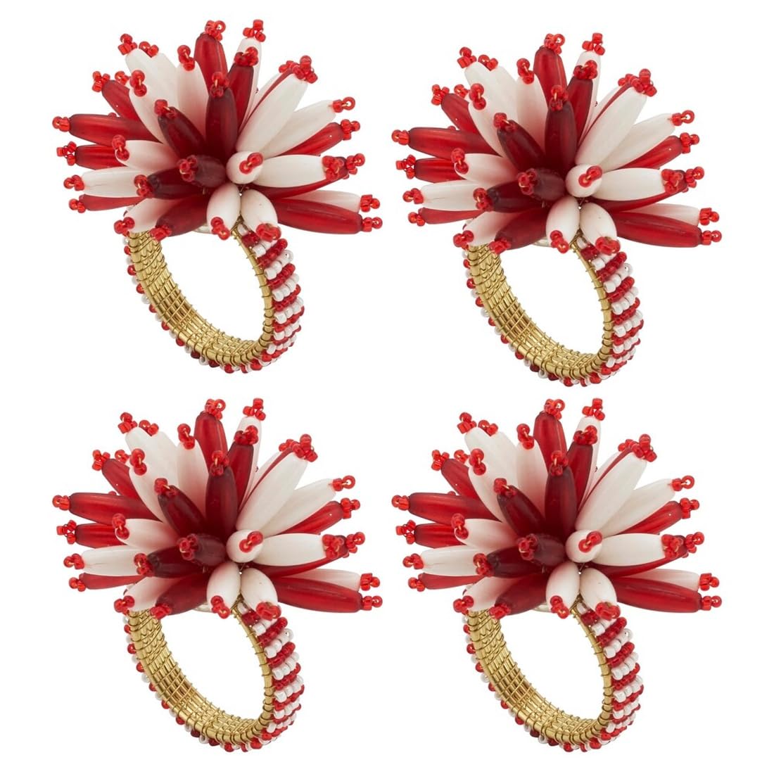 Fennco Styles Hand Beaded Bouquet Holiday Napkin Rings, Set of 4 - Red & White Decorative Napkin Holders for Dining Room, Banquet, Family Gathering, Christmas and Special Occasion